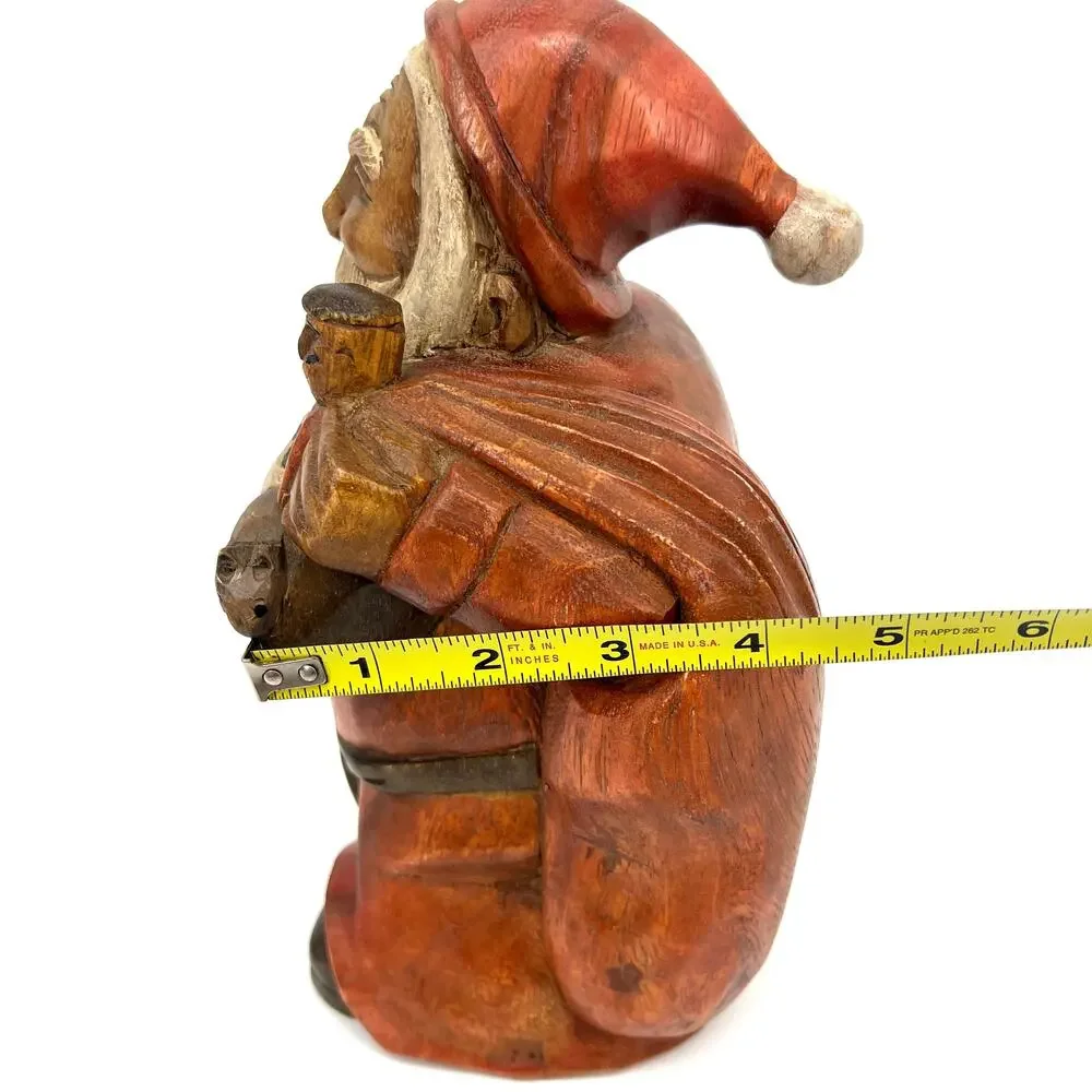 Vintage 80s Solid Wood Hand Carved Primitive Santa with Toy Sack and Pipe